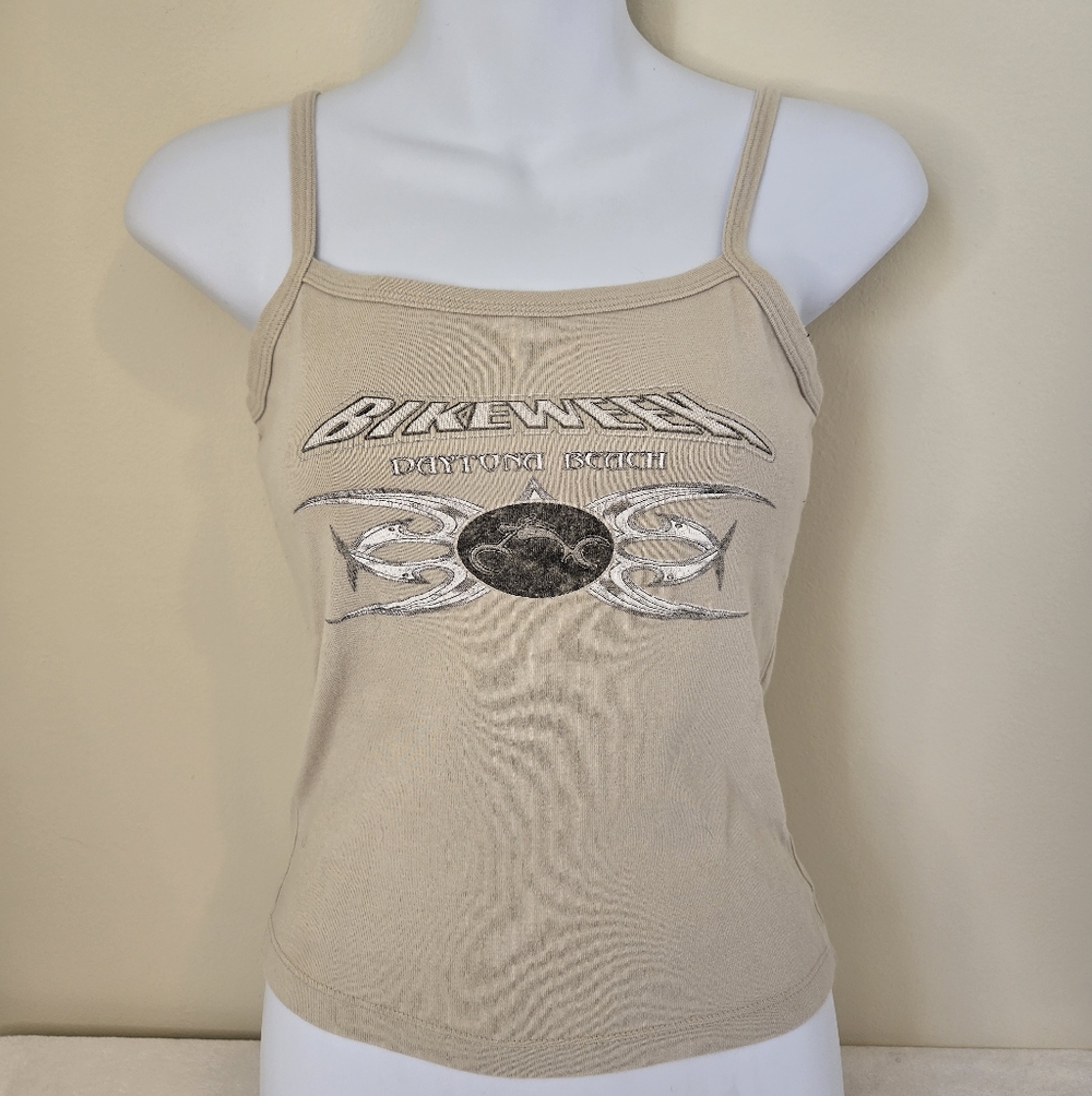 Ragdoll Beige Graphic Spaghetti Strap Tank Top with Tribal Motif